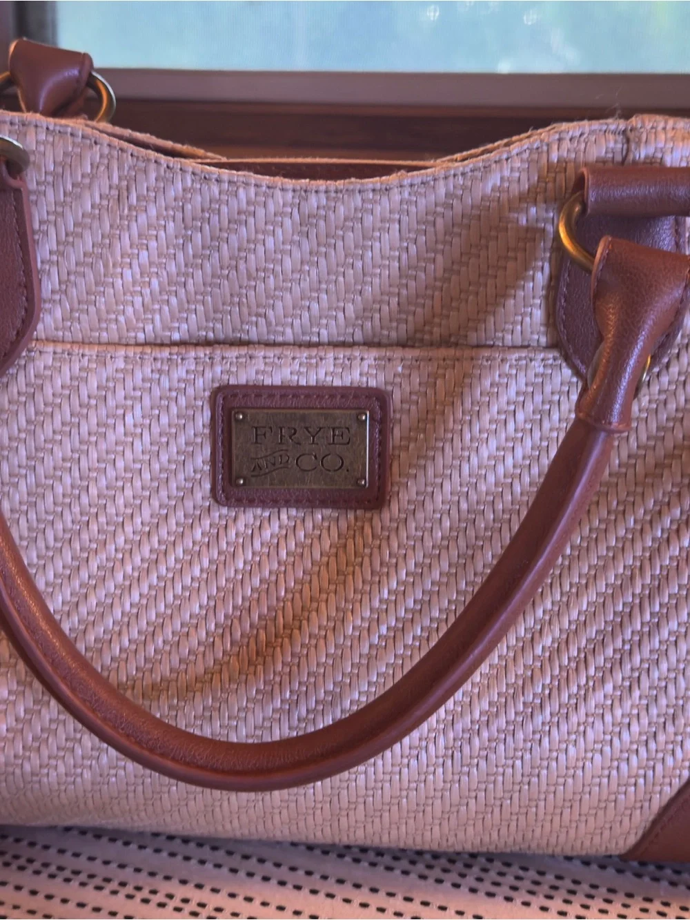 Frye and Co Straw Tote Handbag in Brown and Cream